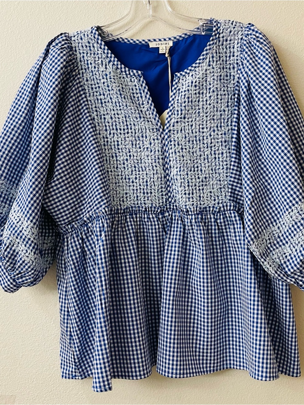 Jodifl Blue and White Gingham Smocked Peasant Top